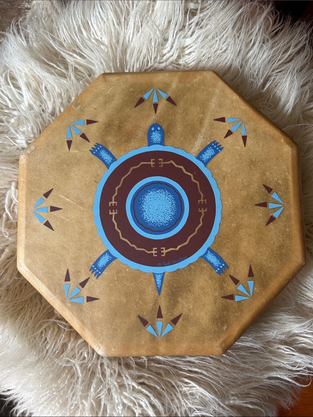 Hand-Painted Tan and Blue Octagonal hand Drum - Native Turtle Motif
